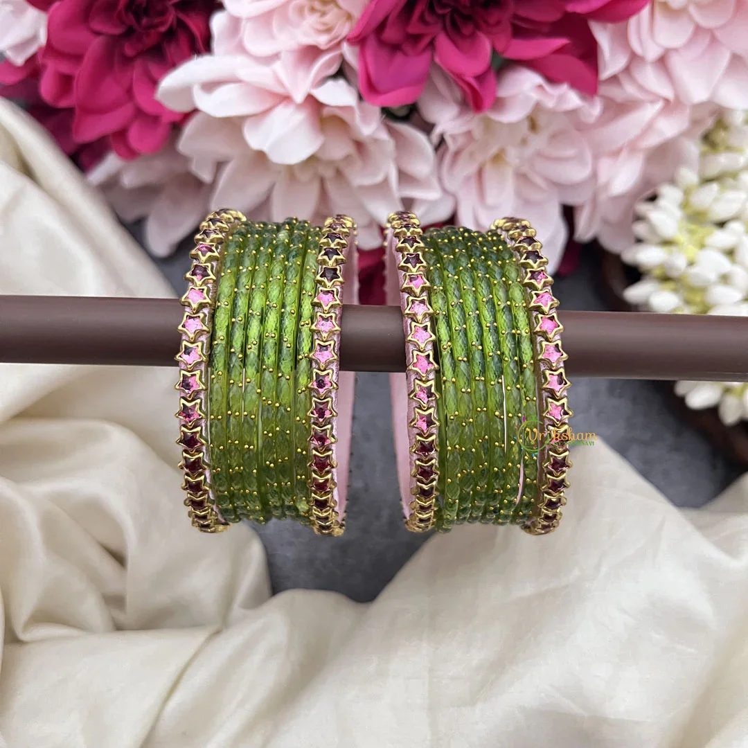 Parrot Green Glass Bangles with Pink Star Border Bangle Set